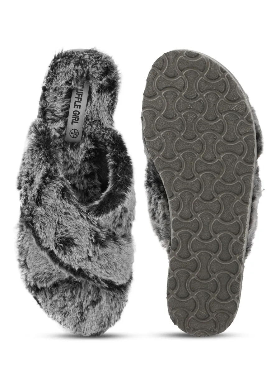 Grey Faux Fur Fuzzy Slip Ons