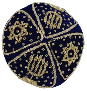 Grooms Wedding Kippah - Blue Velvet with Gold