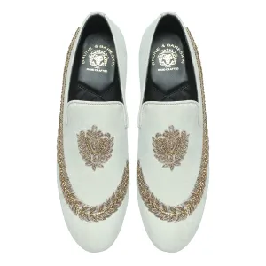 Hand Zardosi Slip-On Shoes In White Italian Velvet with Stem design