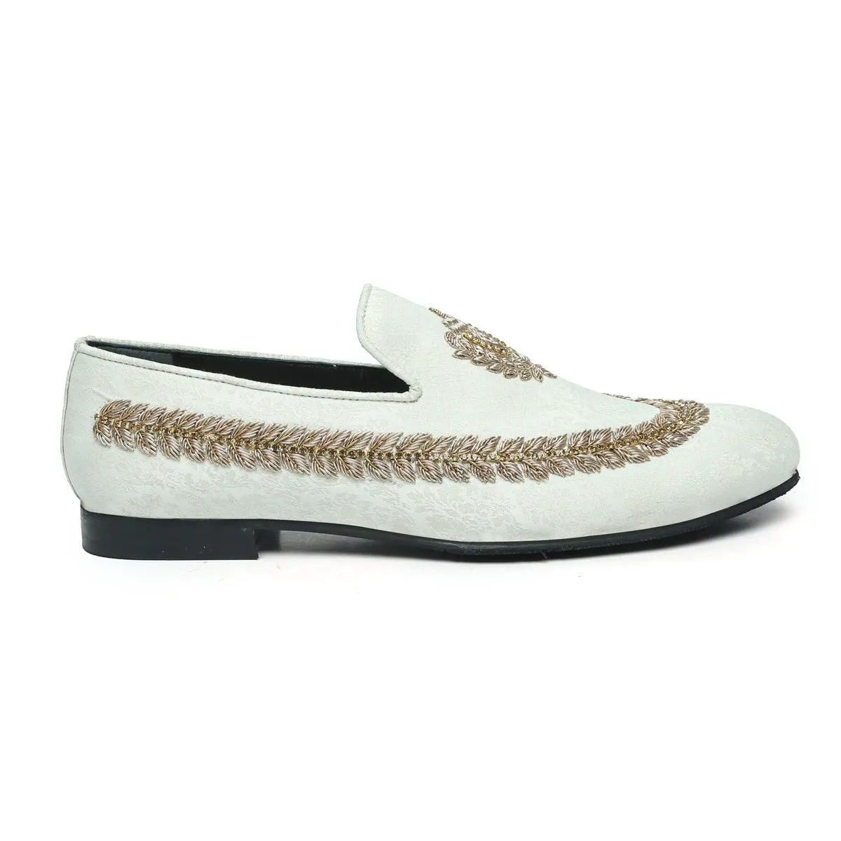 Hand Zardosi Slip-On Shoes In White Italian Velvet with Stem design