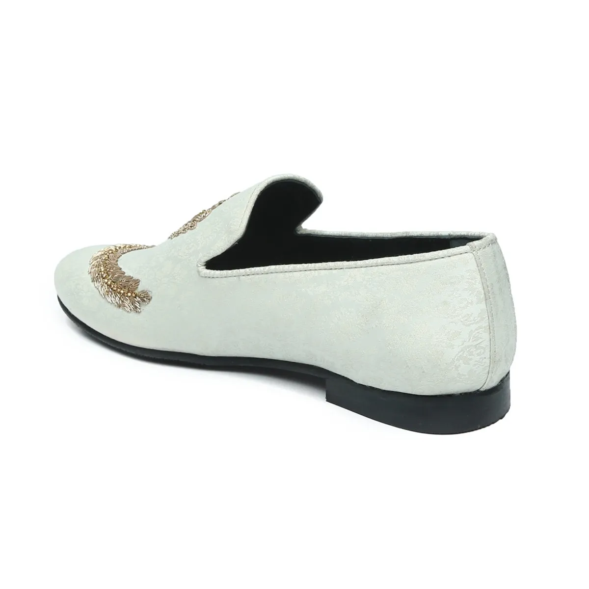 Hand Zardosi Slip-On Shoes In White Italian Velvet with Stem design