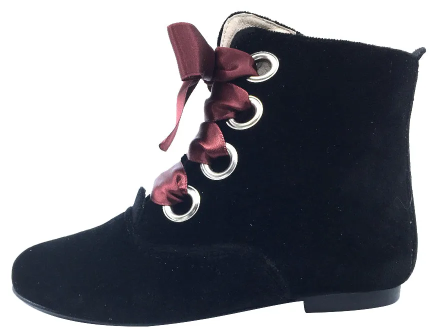 Hoo Shoes Girl's Ribbon Lace-Up Booties, Black Velvet with Burgundy Ribbon