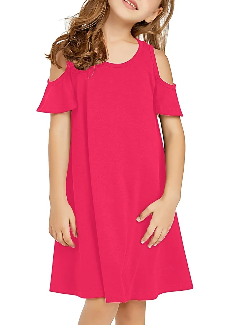 Hot Pink Cold Shoulder Ruffle Short Sleeves Girl Tunic Dress