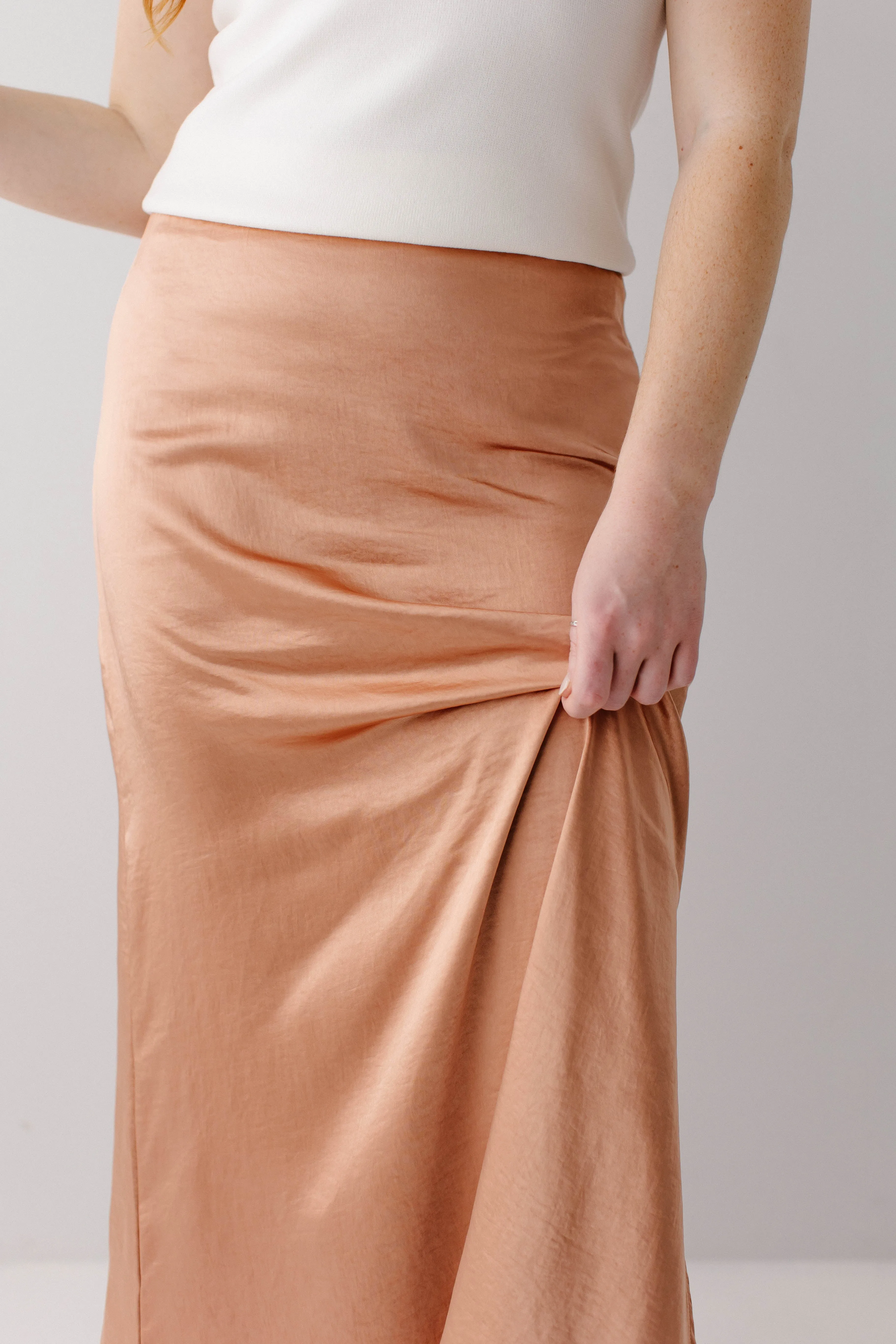 'Jolie' Stretch Satin Midi Skirt in Light Copper FINAL SALE