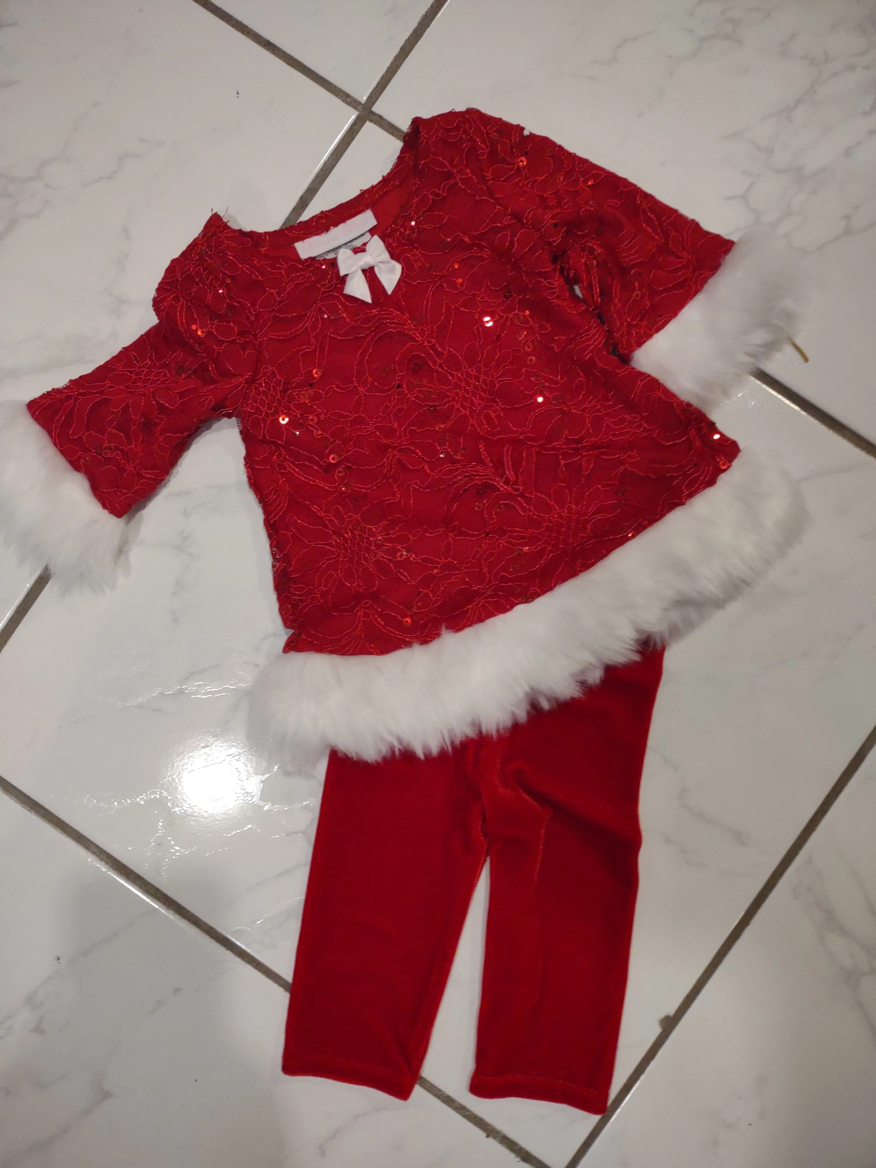 Lace and Sequin Tunic with Fur Trim and Stretch Velvet Pants | Bonnie Baby