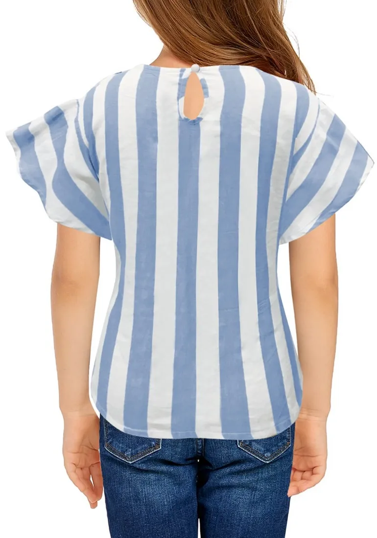 Light Blue Flare Short Sleeves Keyhole-Back Striped Little Girl Top