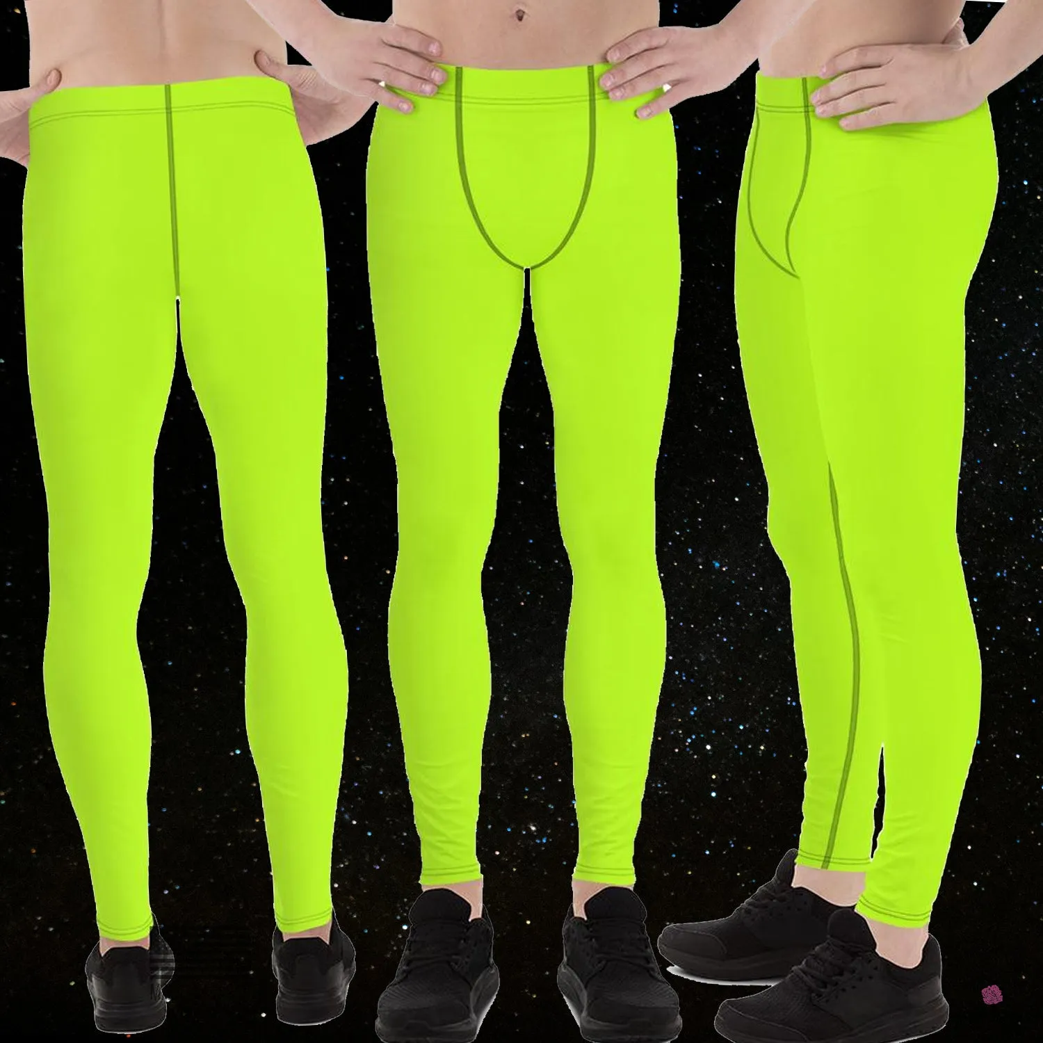 Lime Green Neon Print Meggings, Solid Color Men's Leggings, Running Meggings Activewear- Made in USA/EU