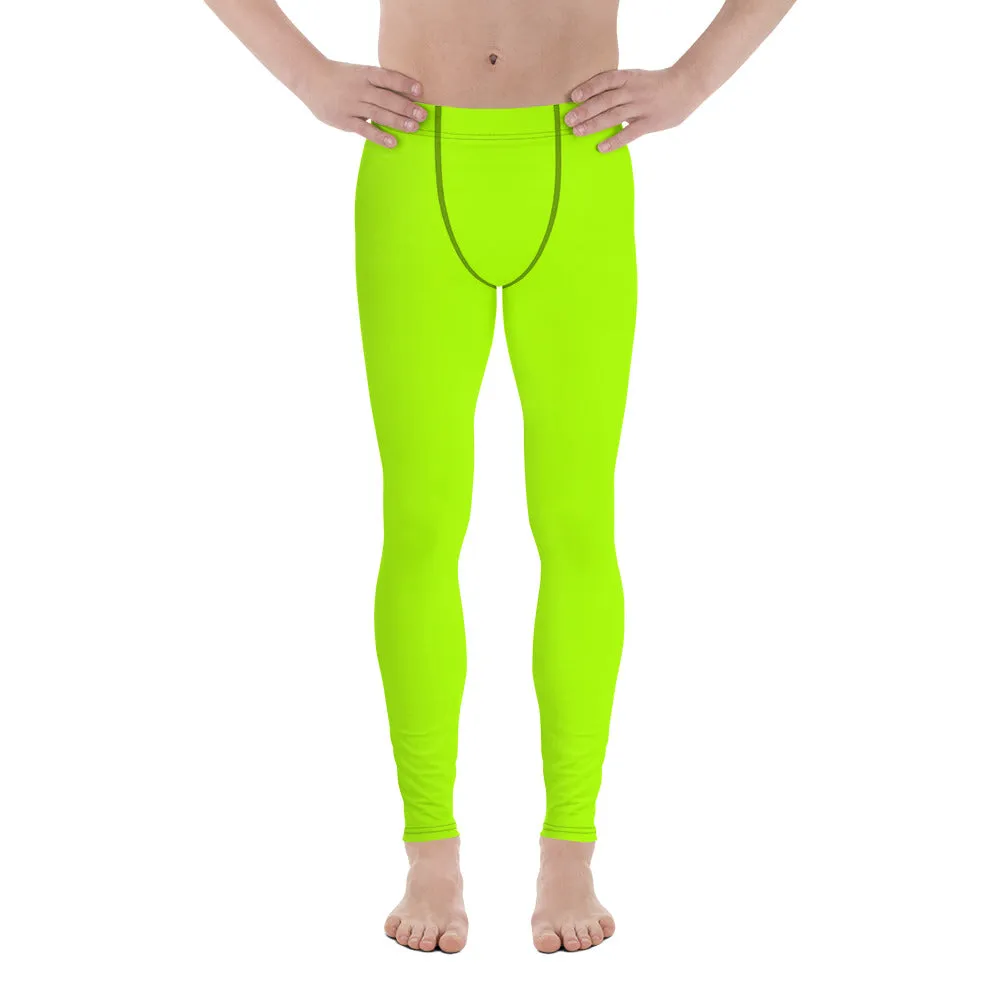 Lime Green Neon Print Meggings, Solid Color Men's Leggings, Running Meggings Activewear- Made in USA/EU