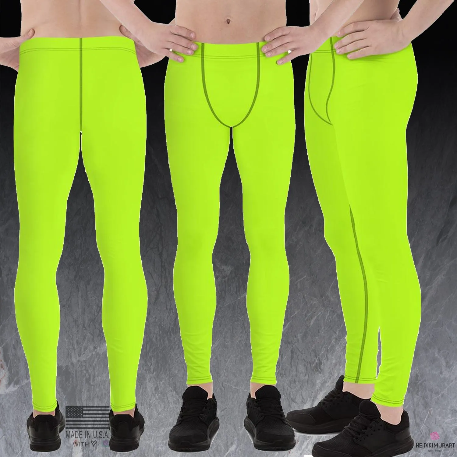 Lime Green Neon Print Meggings, Solid Color Men's Leggings, Running Meggings Activewear- Made in USA/EU