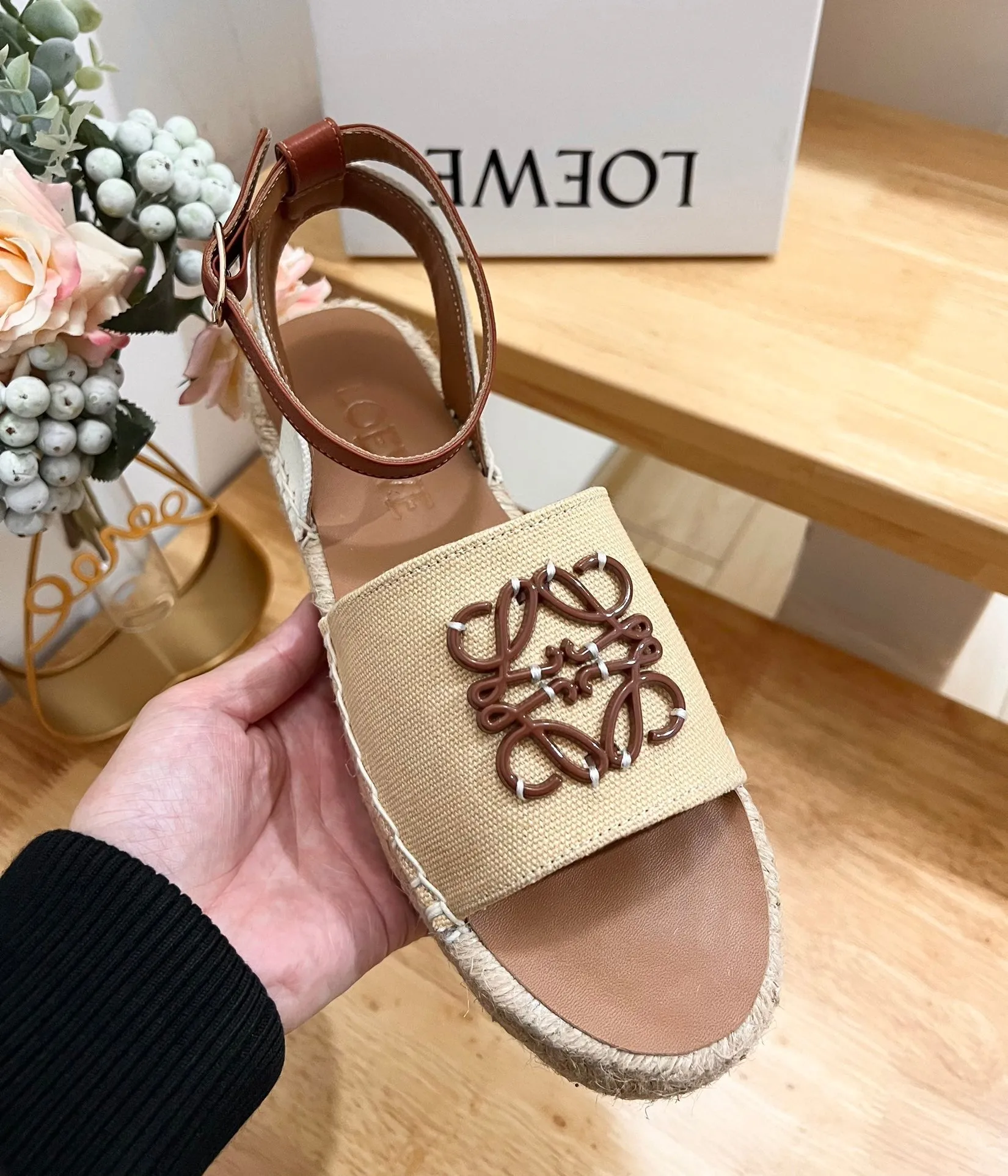 Loew Anagram Beige Brown Leather And Canvas Espadrille Sandals