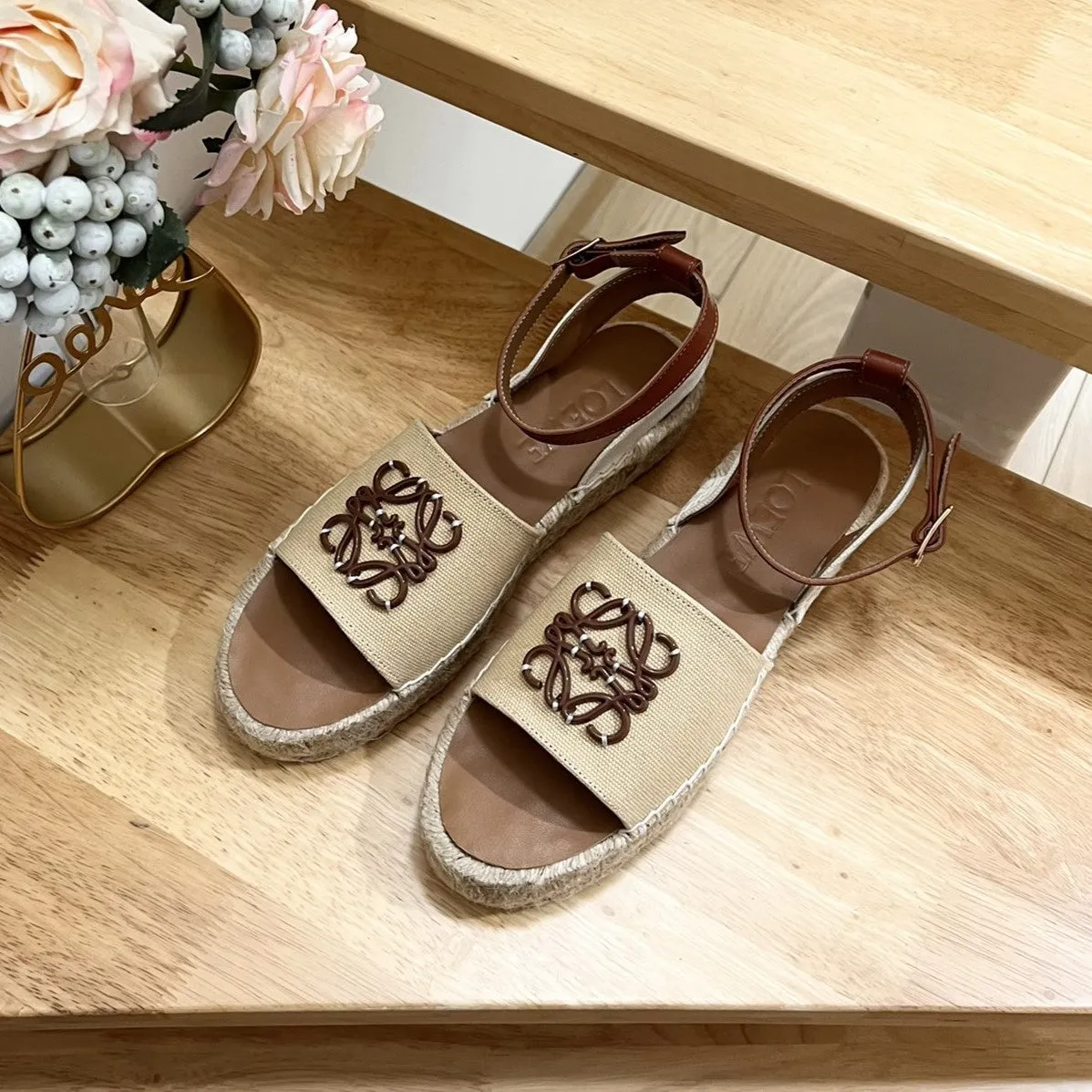 Loew Anagram Beige Brown Leather And Canvas Espadrille Sandals