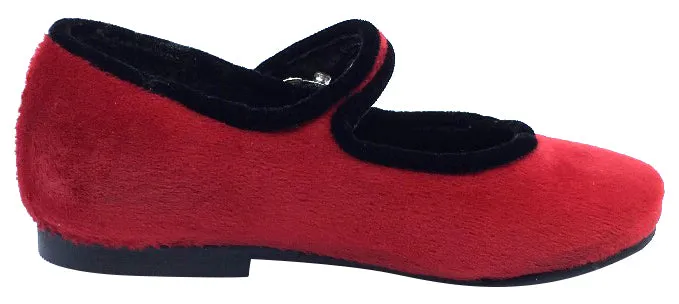 Luccini Girl's Red Velvet Mary Jane with Black Velvet Trim