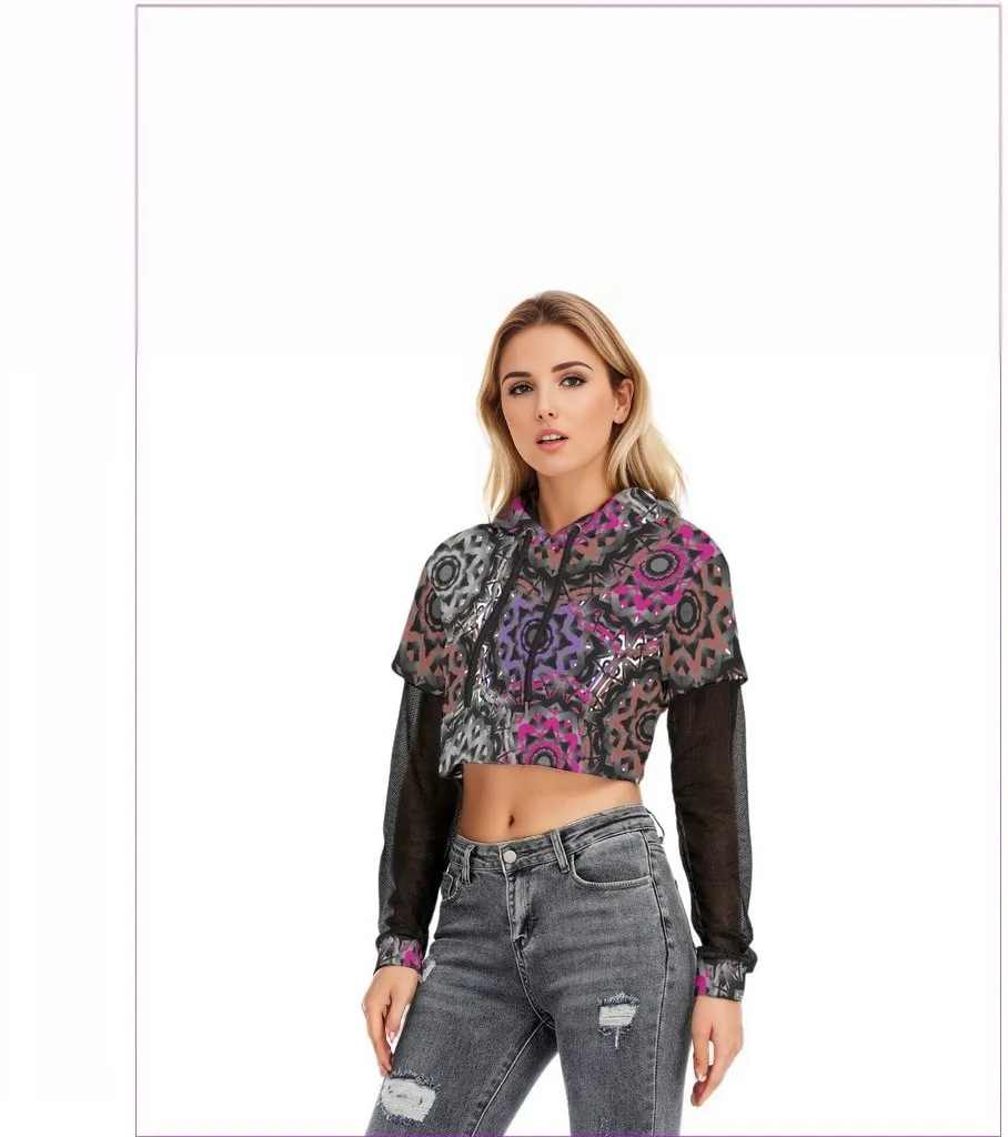 Mandala Graffiti Womens Faux Two-piece Mesh Sleeve Cropped Hoodie