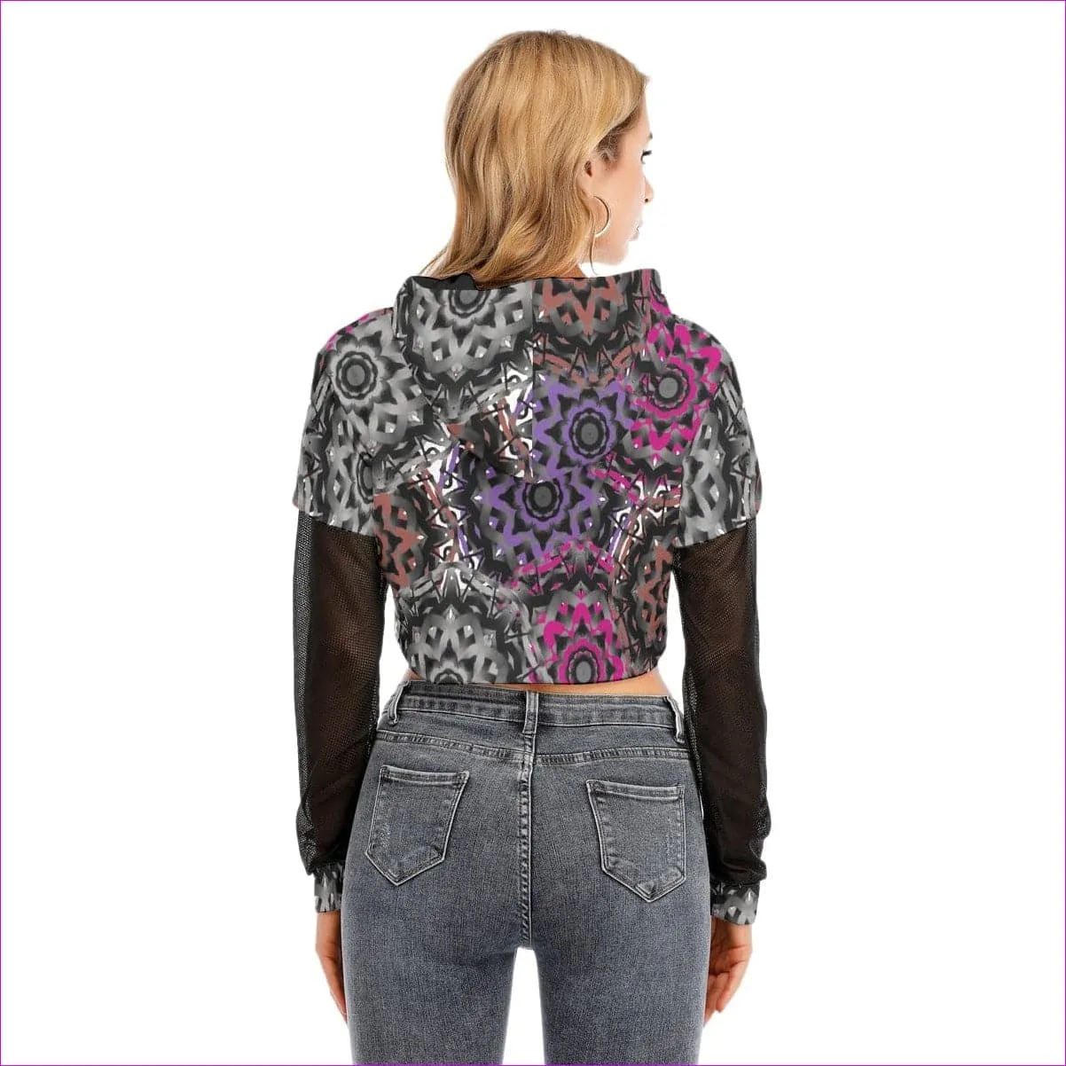 Mandala Graffiti Womens Faux Two-piece Mesh Sleeve Cropped Hoodie