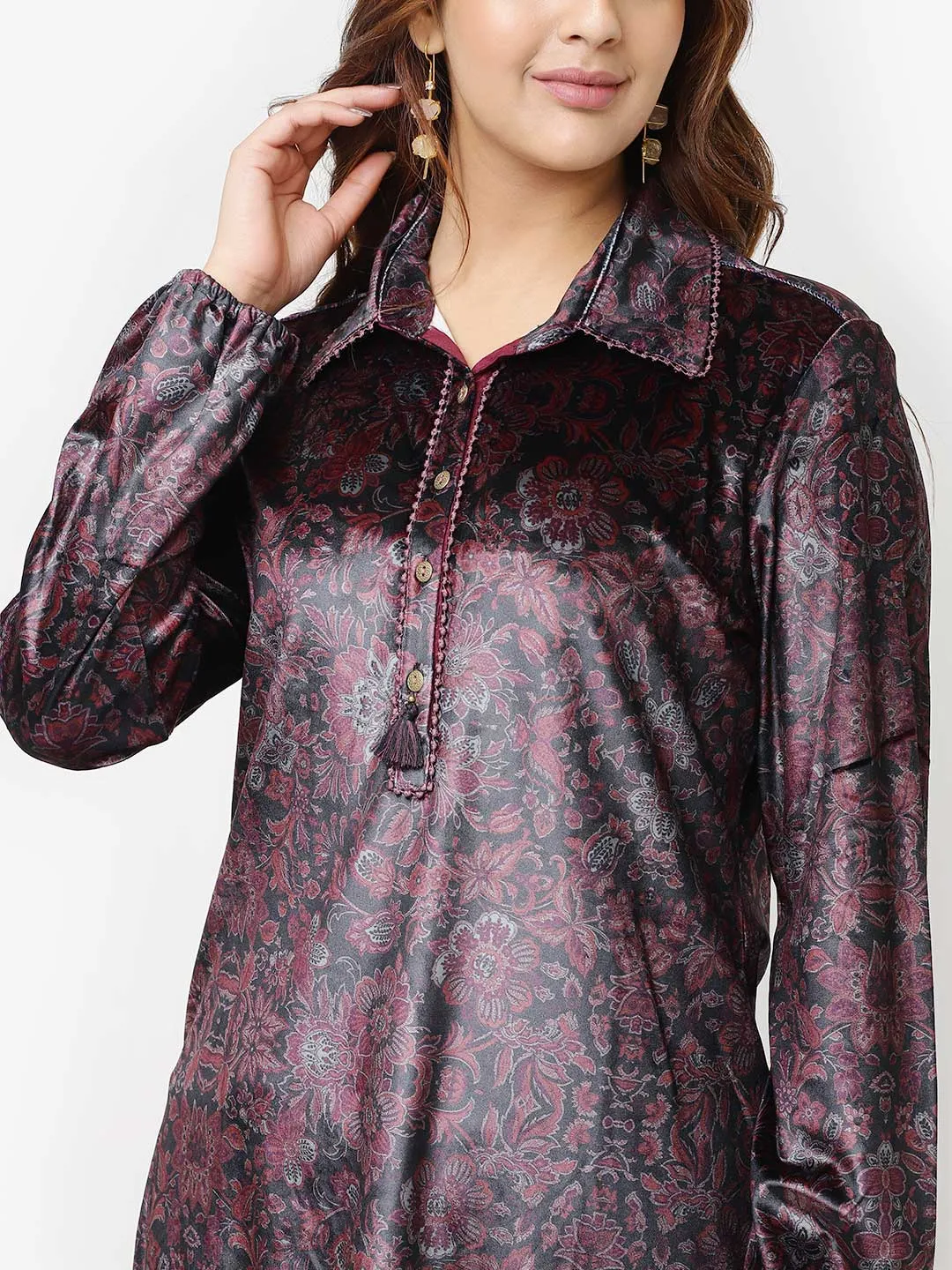 Maroon Printed Velvet Kurti for Women with Classic Collar and Button Detailing