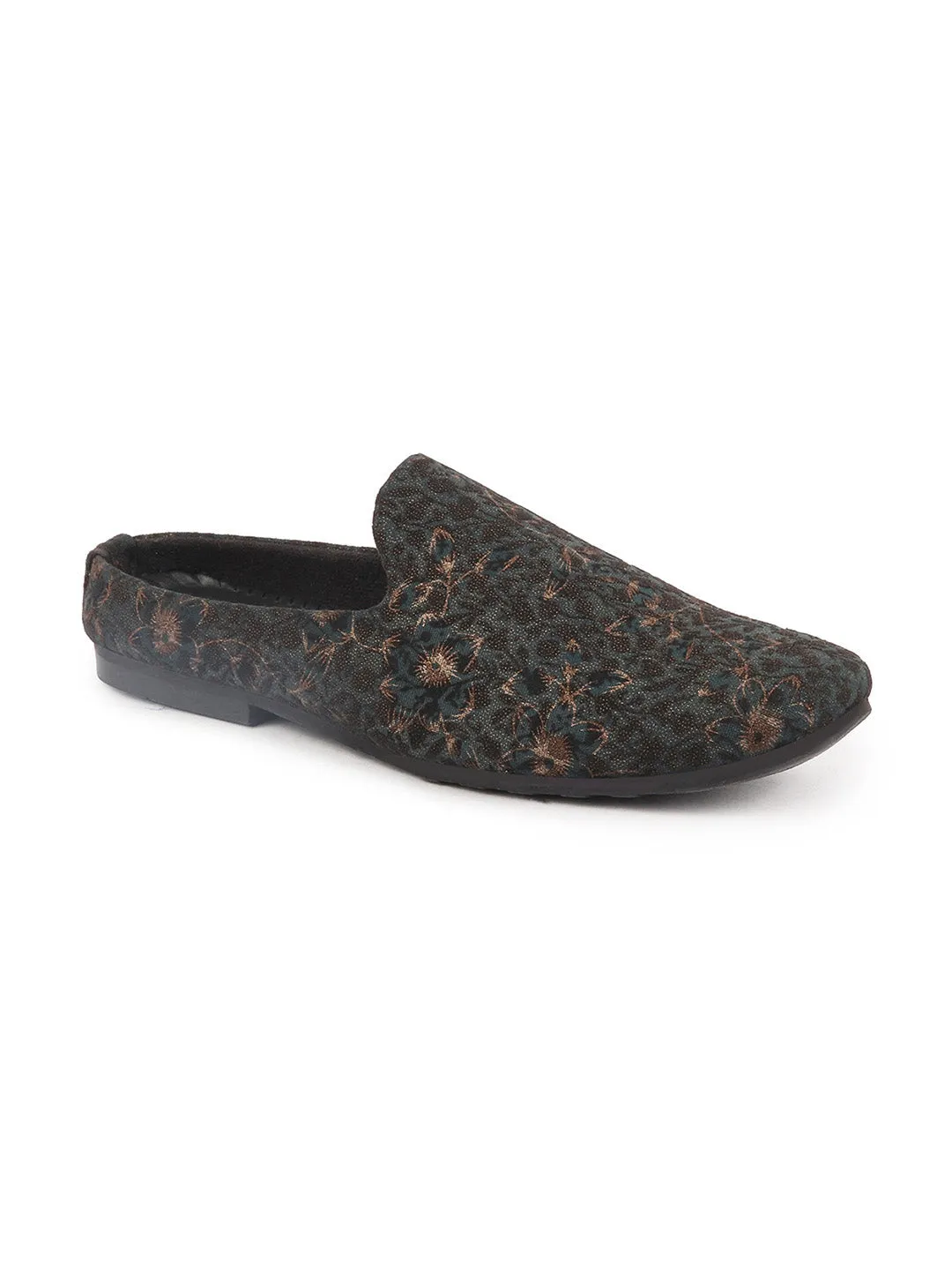 Men Brown Floral Print Embellish Ethnic Wedding Party Back Open Slip on Shoes