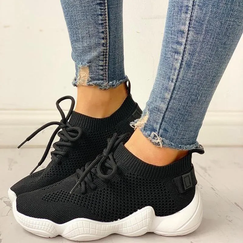 Mesh Sneakers Women Lace Up Stretch Fabric Platform Flat Vulcanized Breathable Fashion Casual Shoes Women