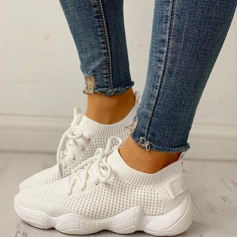 Mesh Sneakers Women Lace Up Stretch Fabric Platform Flat Vulcanized Breathable Fashion Casual Shoes Women