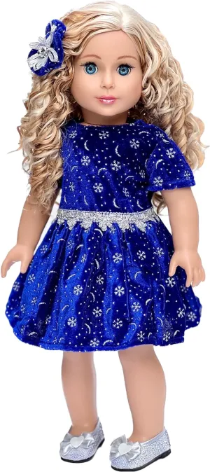 Midnight Blue - Clothing for 18 inch Doll - Dark Blue Sparkling Holiday Dress with matching Silver Shoes