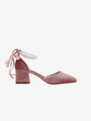 Miranda Vegan Velvet & Pearl Block Heel Sandals | Rose