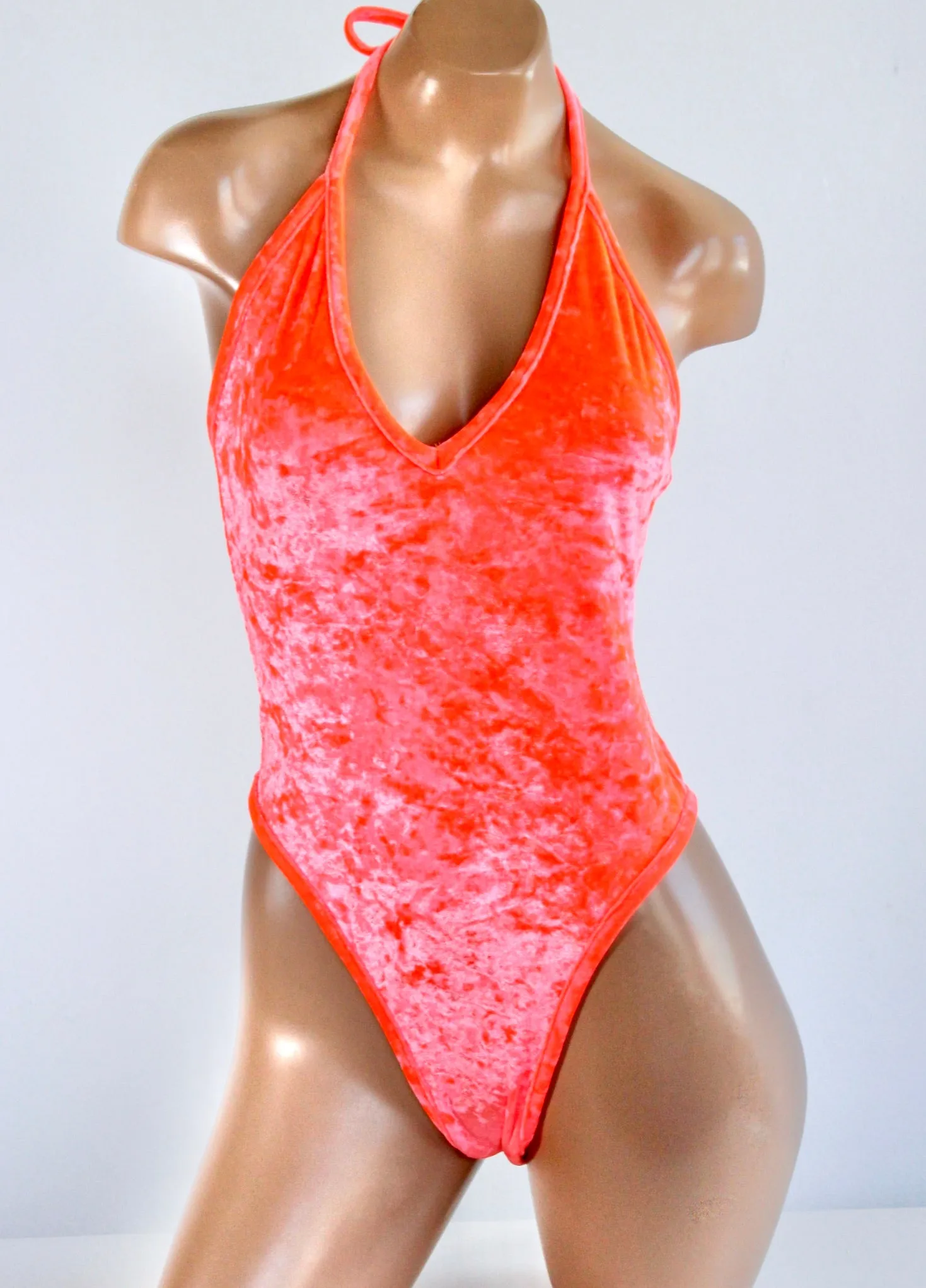 Neon Crushed Velvet High Cut Halter Bodysuit in Coral