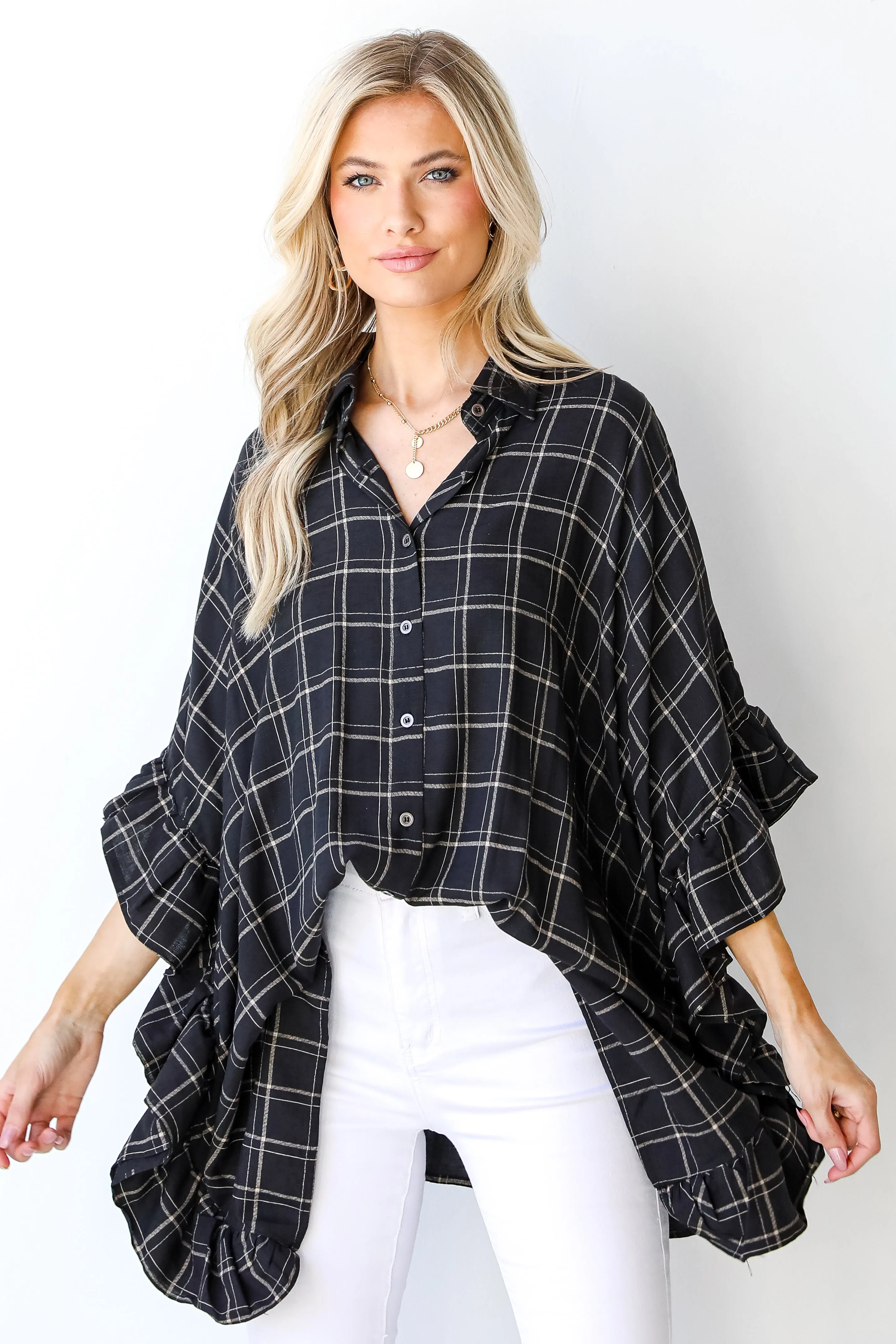 Only Exception Plaid Oversized Ruffle Blouse