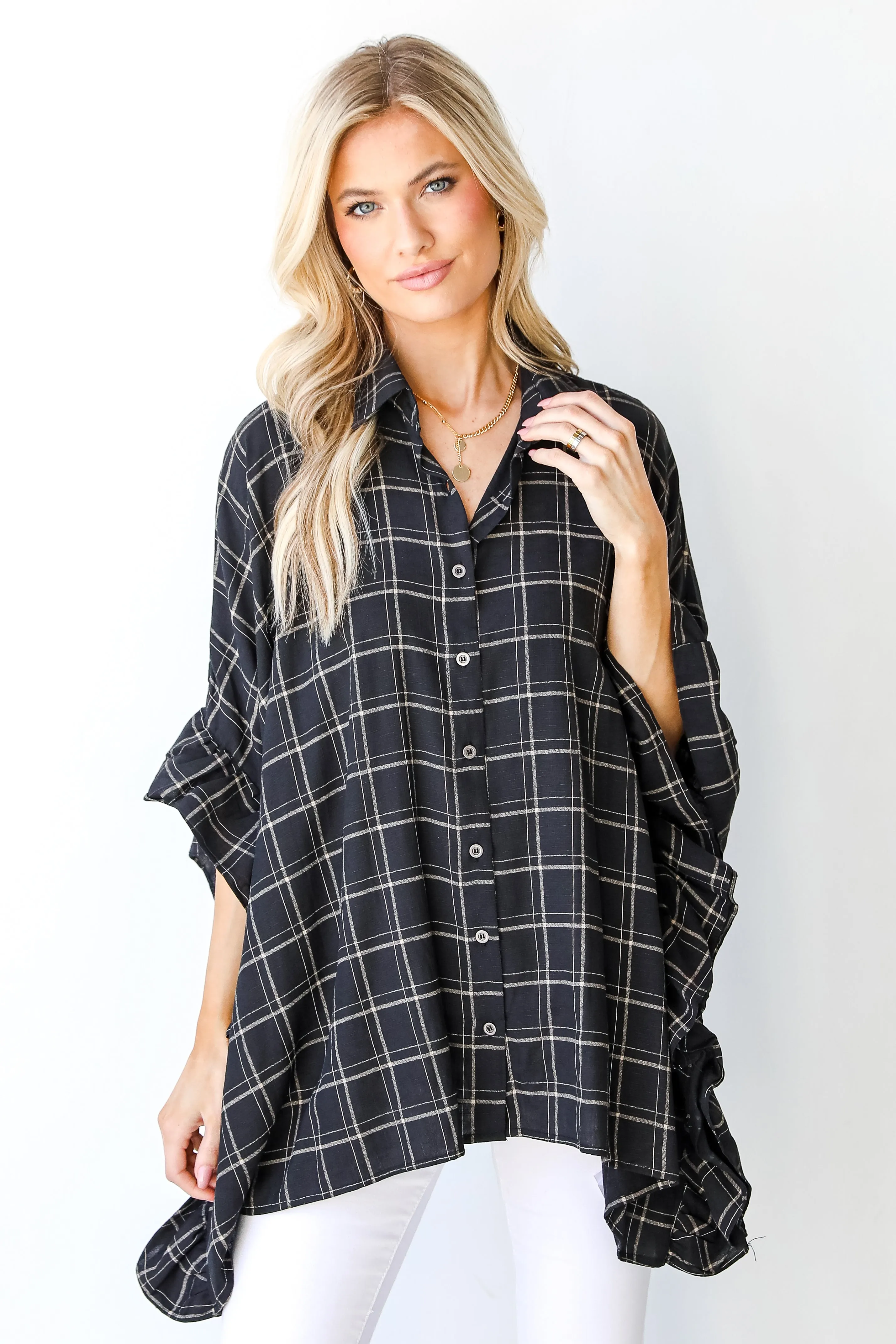 Only Exception Plaid Oversized Ruffle Blouse