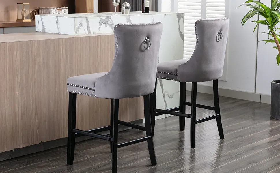 Premium Velvet Bar Stools Set Of 2 With Studs Trim - Grey