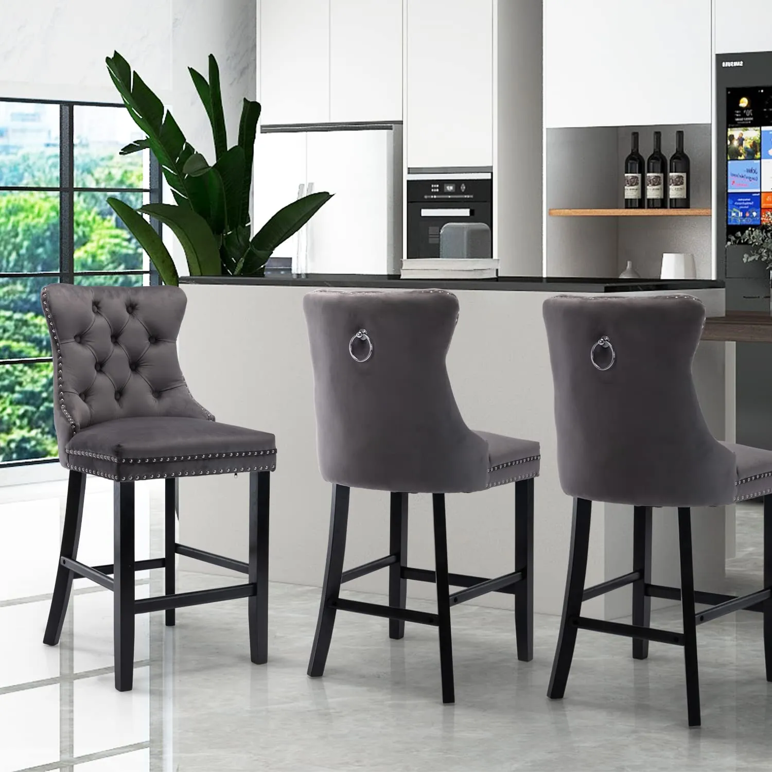 Premium Velvet Bar Stools Set Of 2 With Studs Trim - Grey