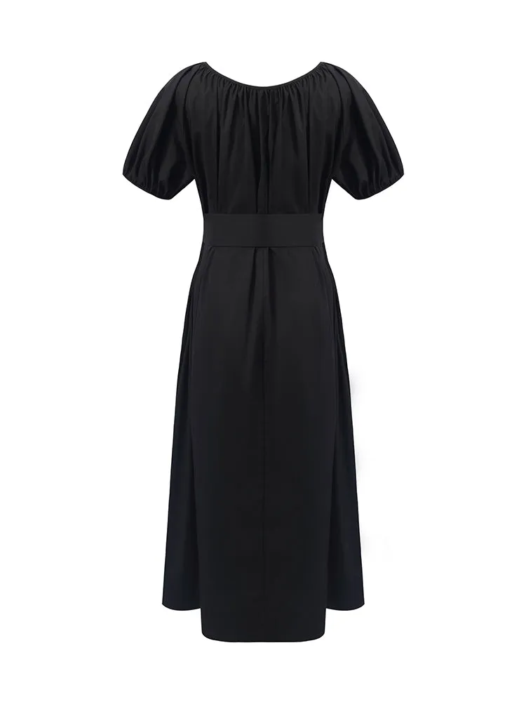 Puff Sleeves Women Midi Dress With Belt