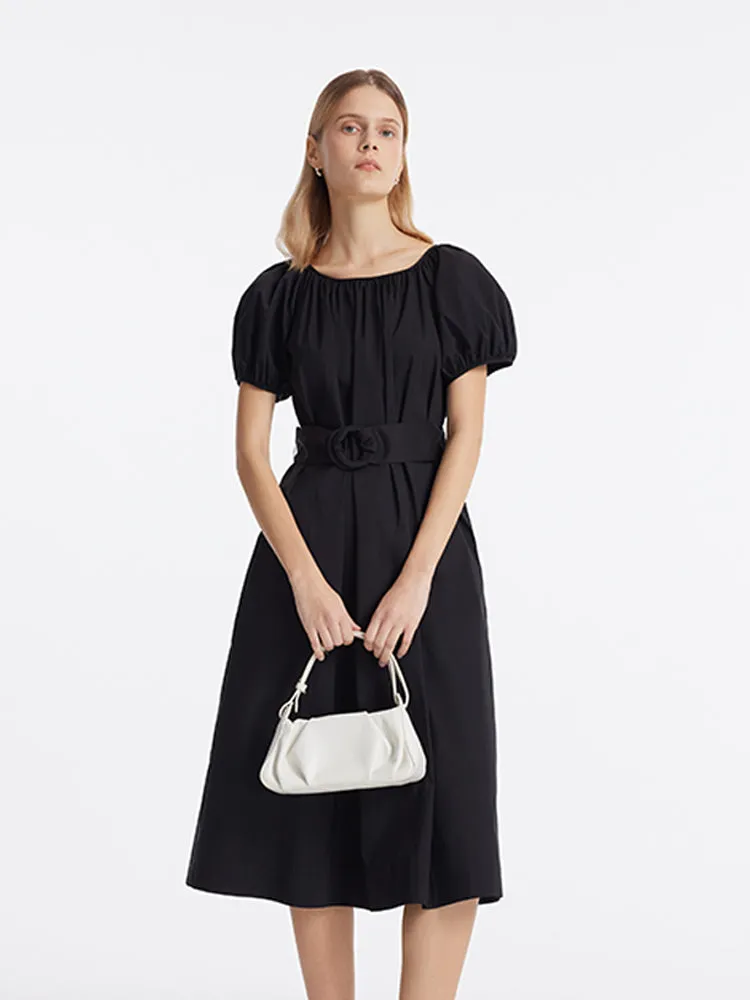 Puff Sleeves Women Midi Dress With Belt