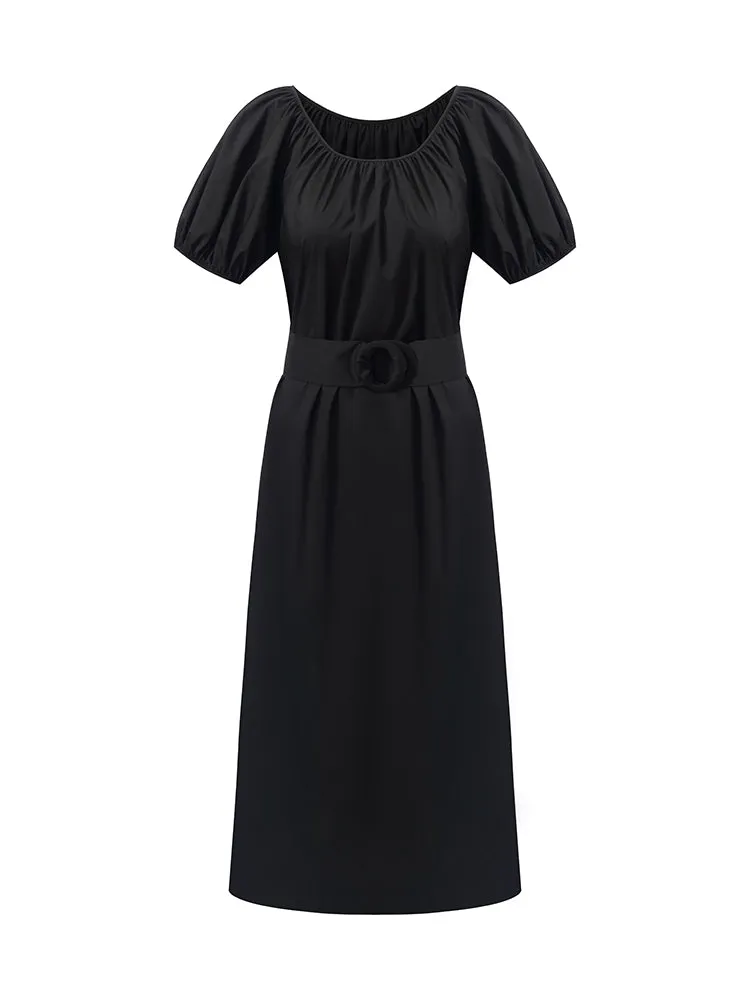 Puff Sleeves Women Midi Dress With Belt