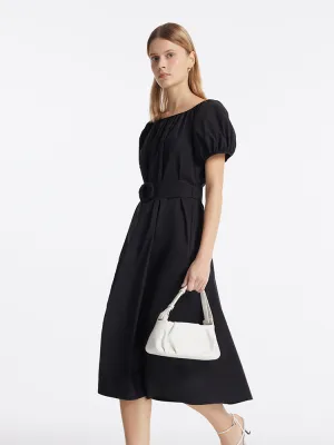 Puff Sleeves Women Midi Dress With Belt