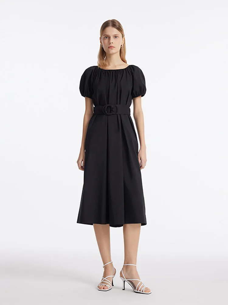 Puff Sleeves Women Midi Dress With Belt