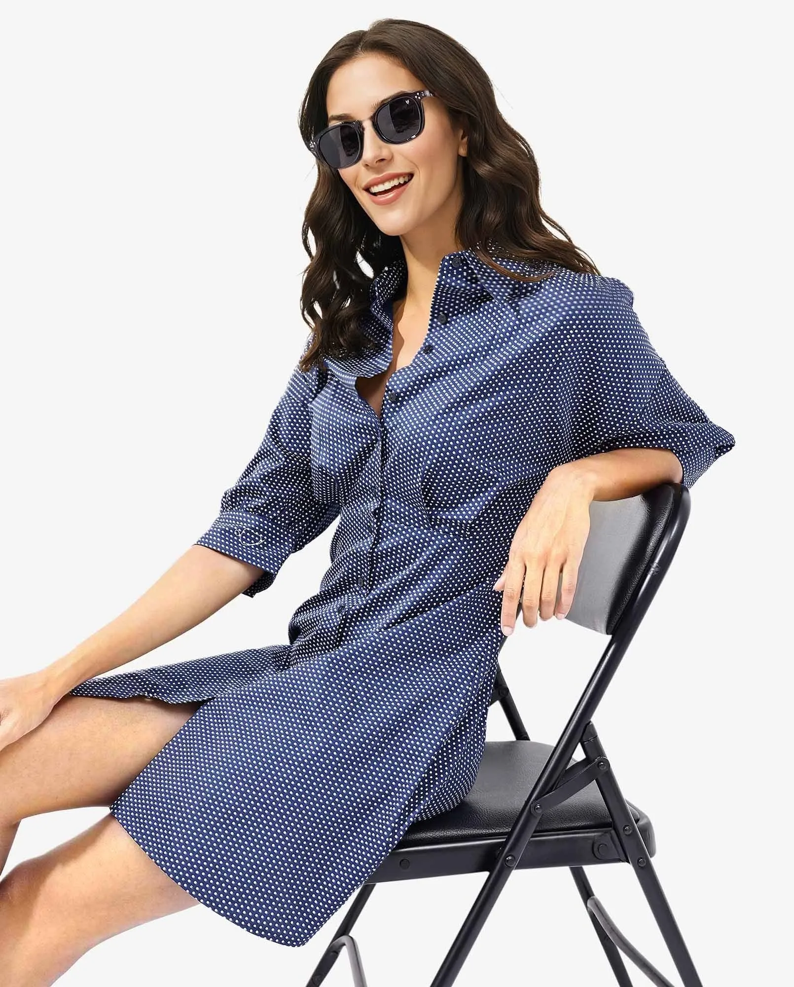 Rareism Women Aiday Dark Blue Cotton Fabric Polka Dot Print Collared Neck Dress