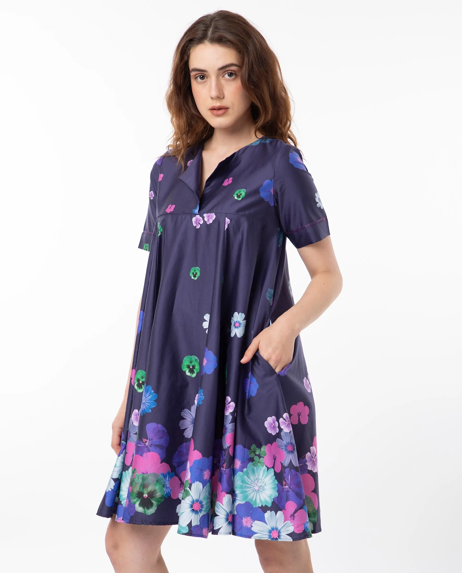 Rareism Women Belente Blue Cotton Fabric Short Sleeves Lapel Neck Flared Fit Floral Print Midi Empire Dress