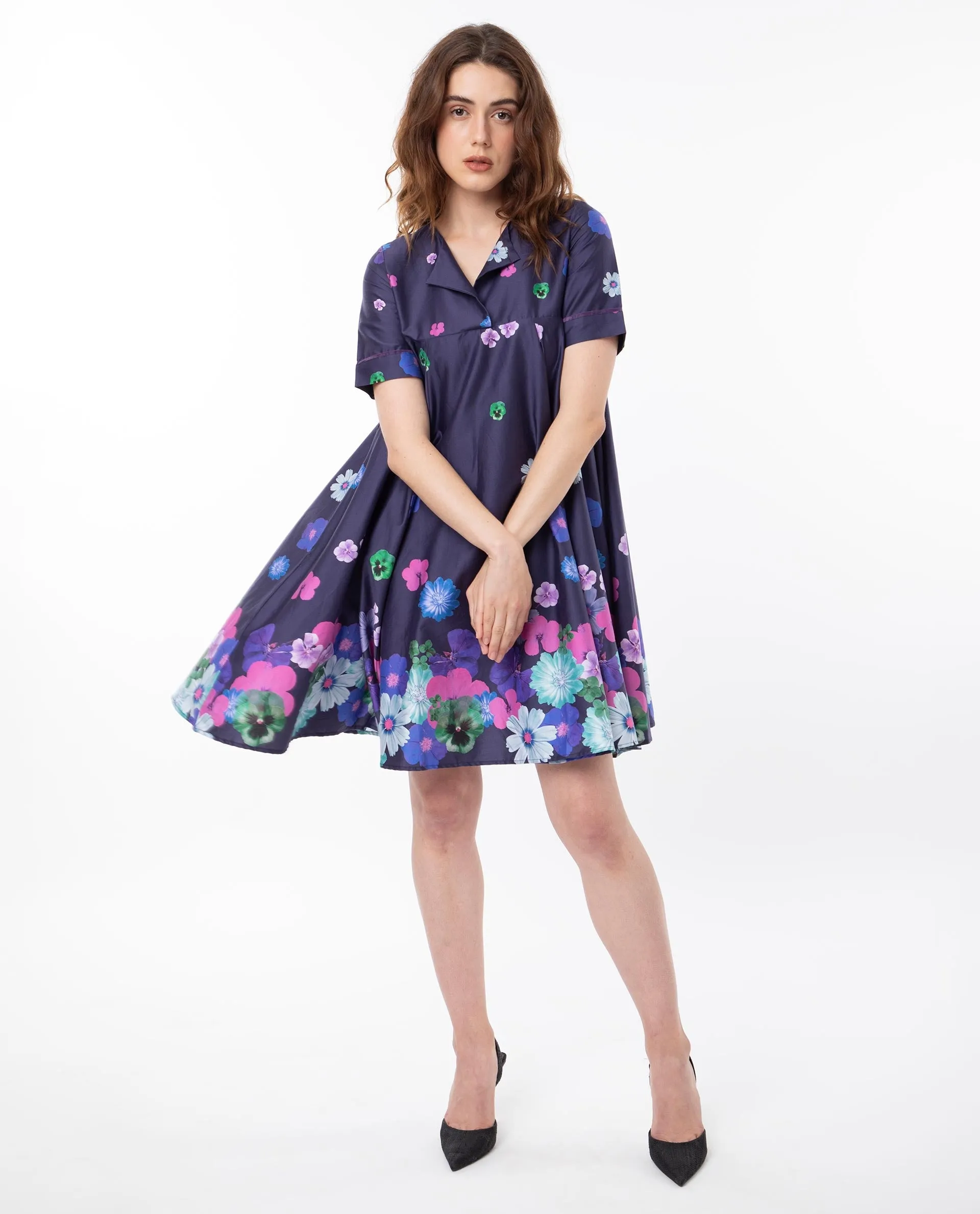 Rareism Women Belente Blue Cotton Fabric Short Sleeves Lapel Neck Flared Fit Floral Print Midi Empire Dress