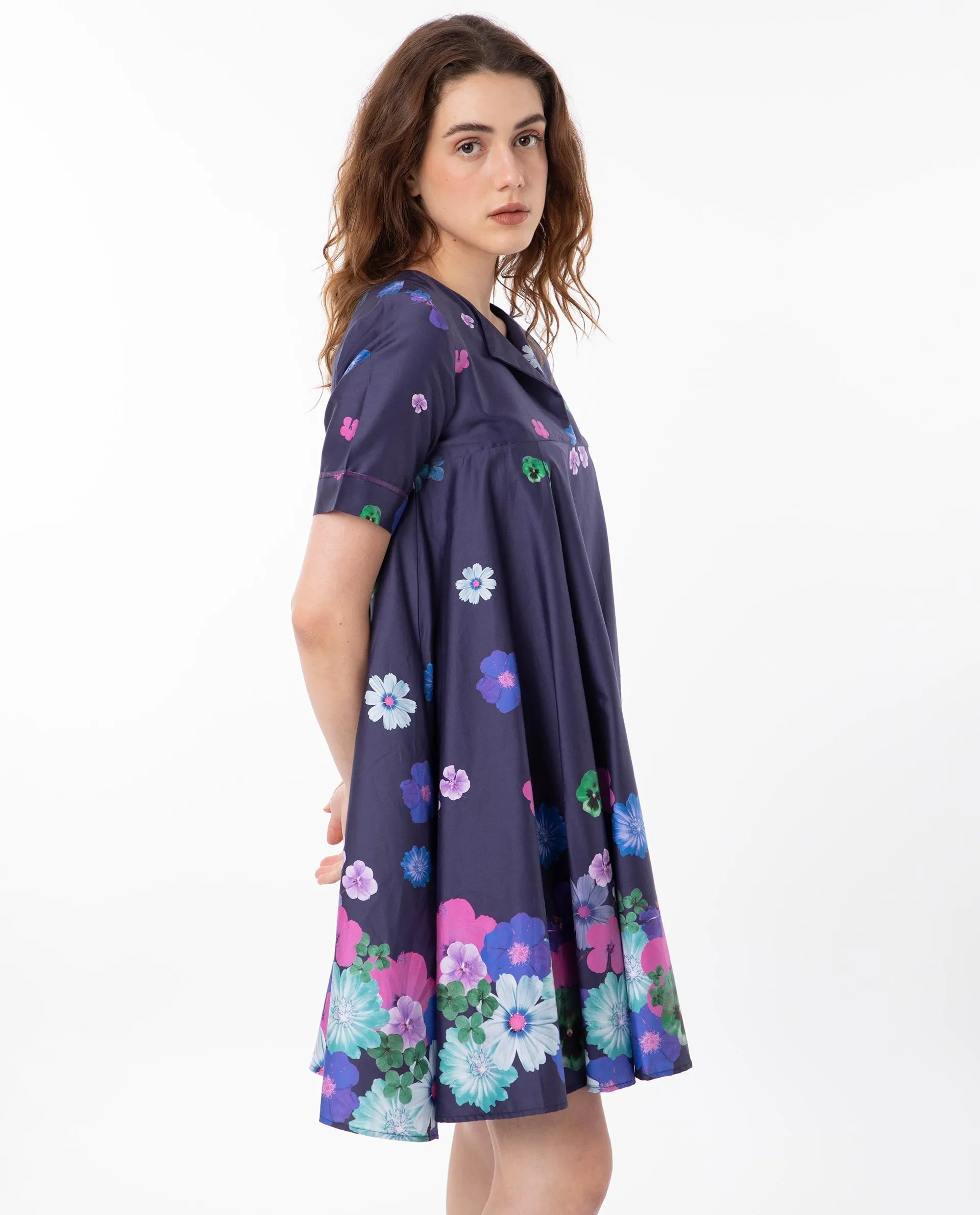 Rareism Women Belente Blue Cotton Fabric Short Sleeves Lapel Neck Flared Fit Floral Print Midi Empire Dress