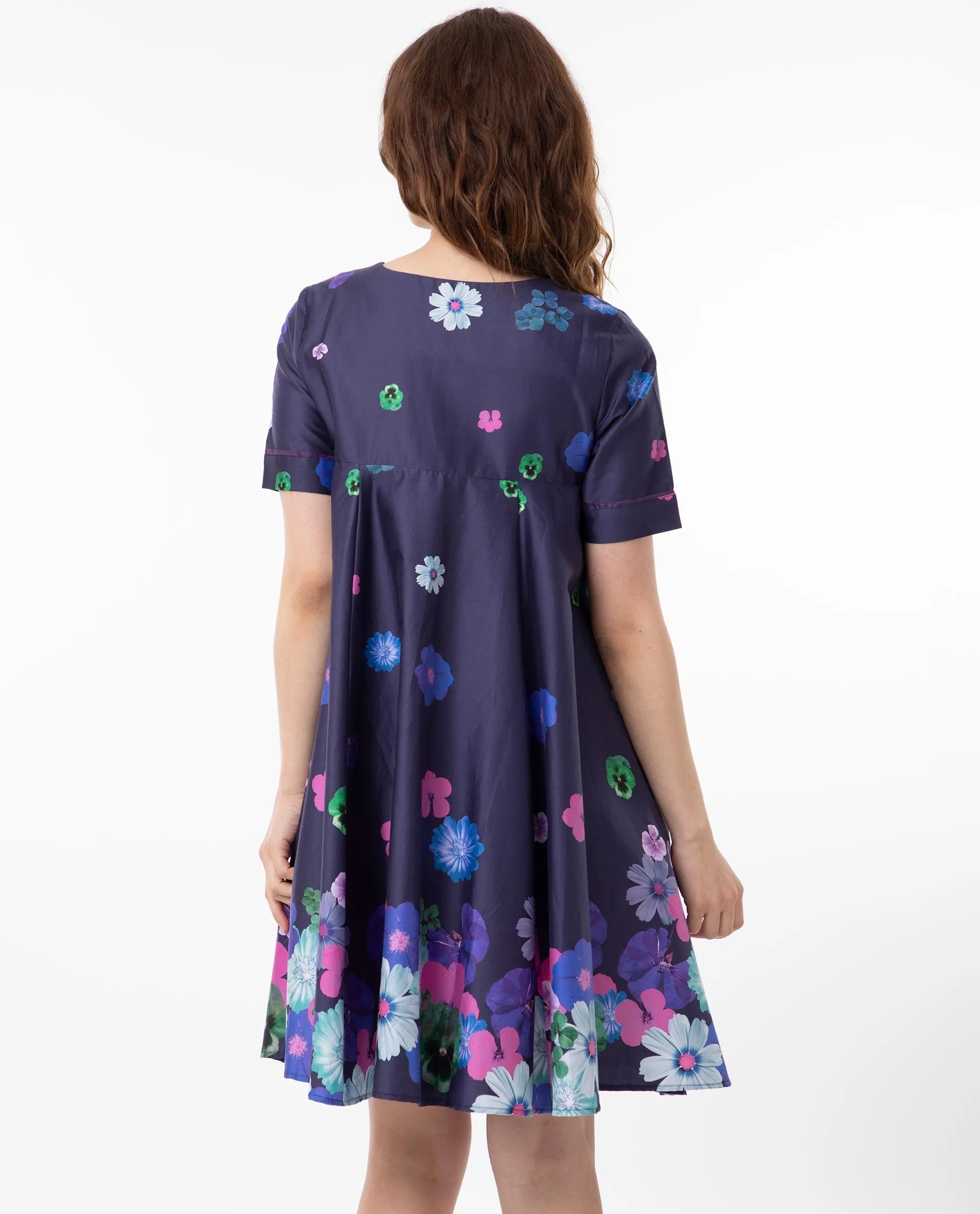 Rareism Women Belente Blue Cotton Fabric Short Sleeves Lapel Neck Flared Fit Floral Print Midi Empire Dress