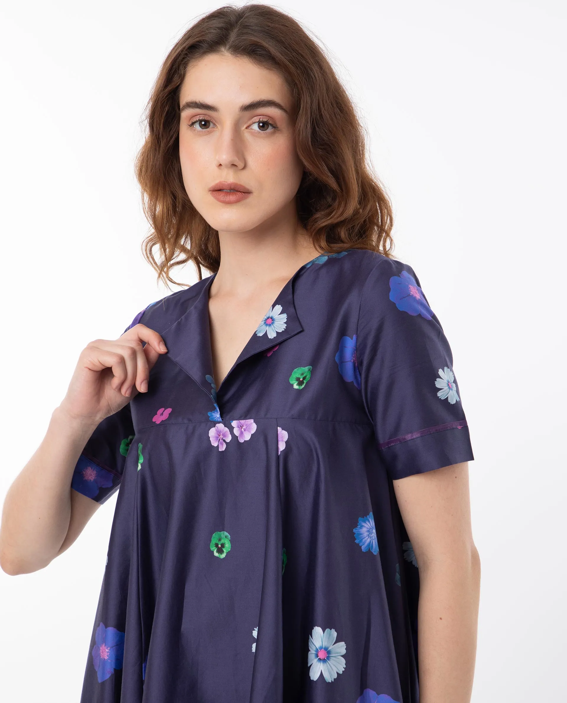 Rareism Women Belente Blue Cotton Fabric Short Sleeves Lapel Neck Flared Fit Floral Print Midi Empire Dress