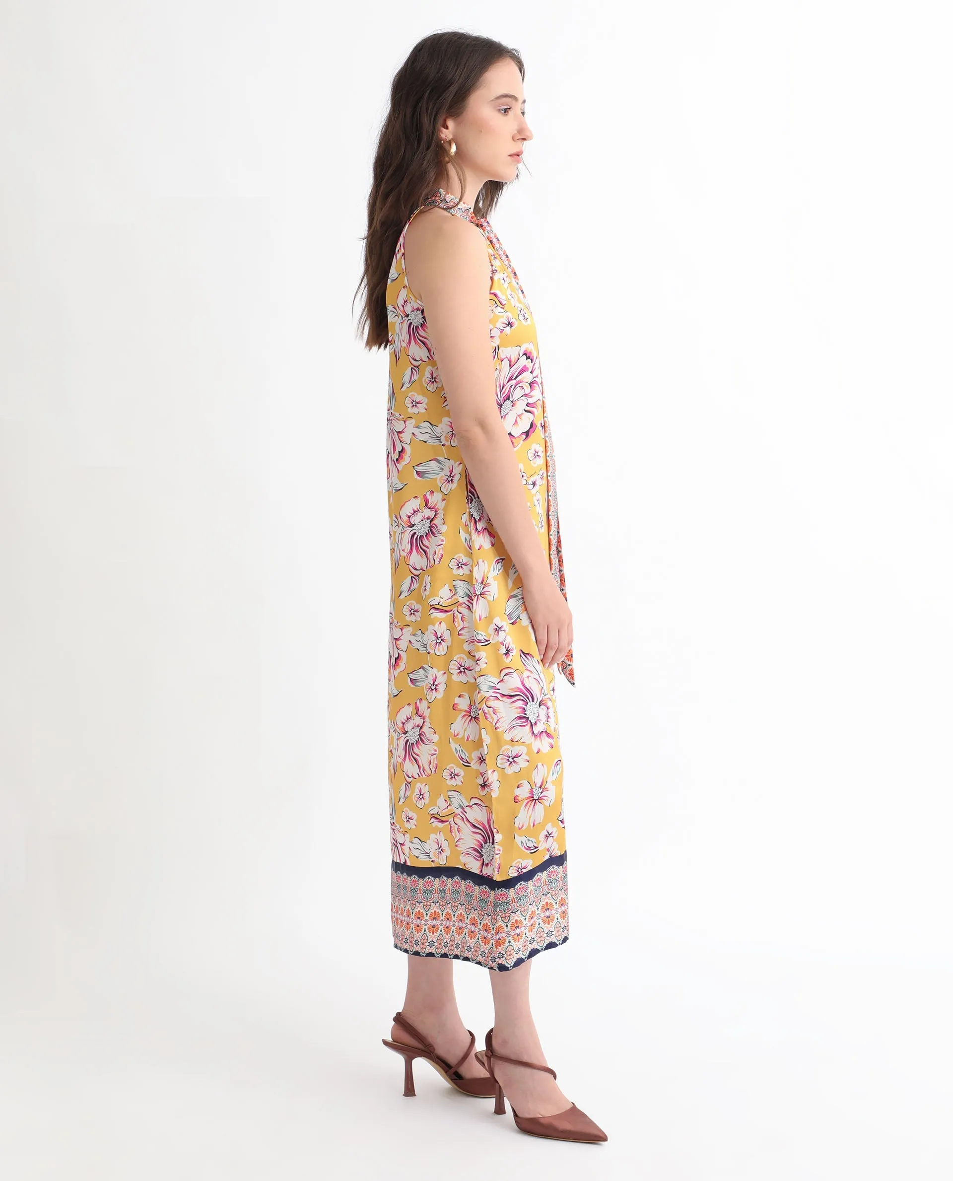 Rareism Women Xander Yellow Polyester Fabric Button Closure Tie-Up Neck Sleeveless Regular Fit Floral Print Maxi A-Line Dress