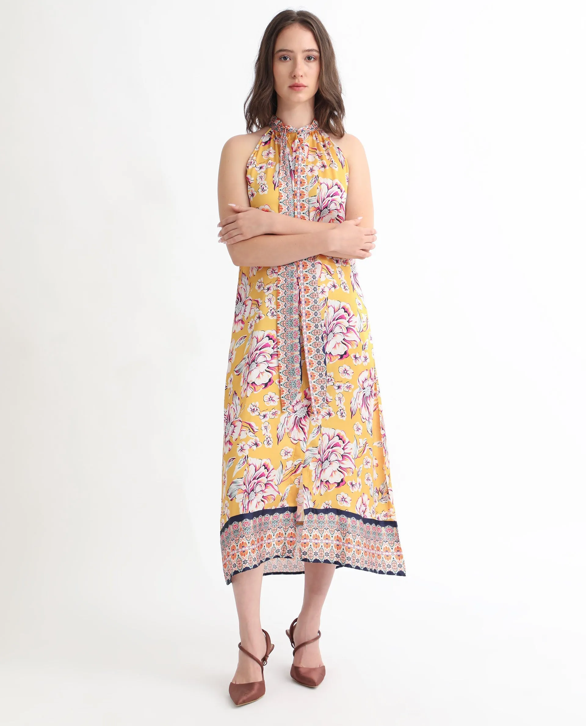 Rareism Women Xander Yellow Polyester Fabric Button Closure Tie-Up Neck Sleeveless Regular Fit Floral Print Maxi A-Line Dress