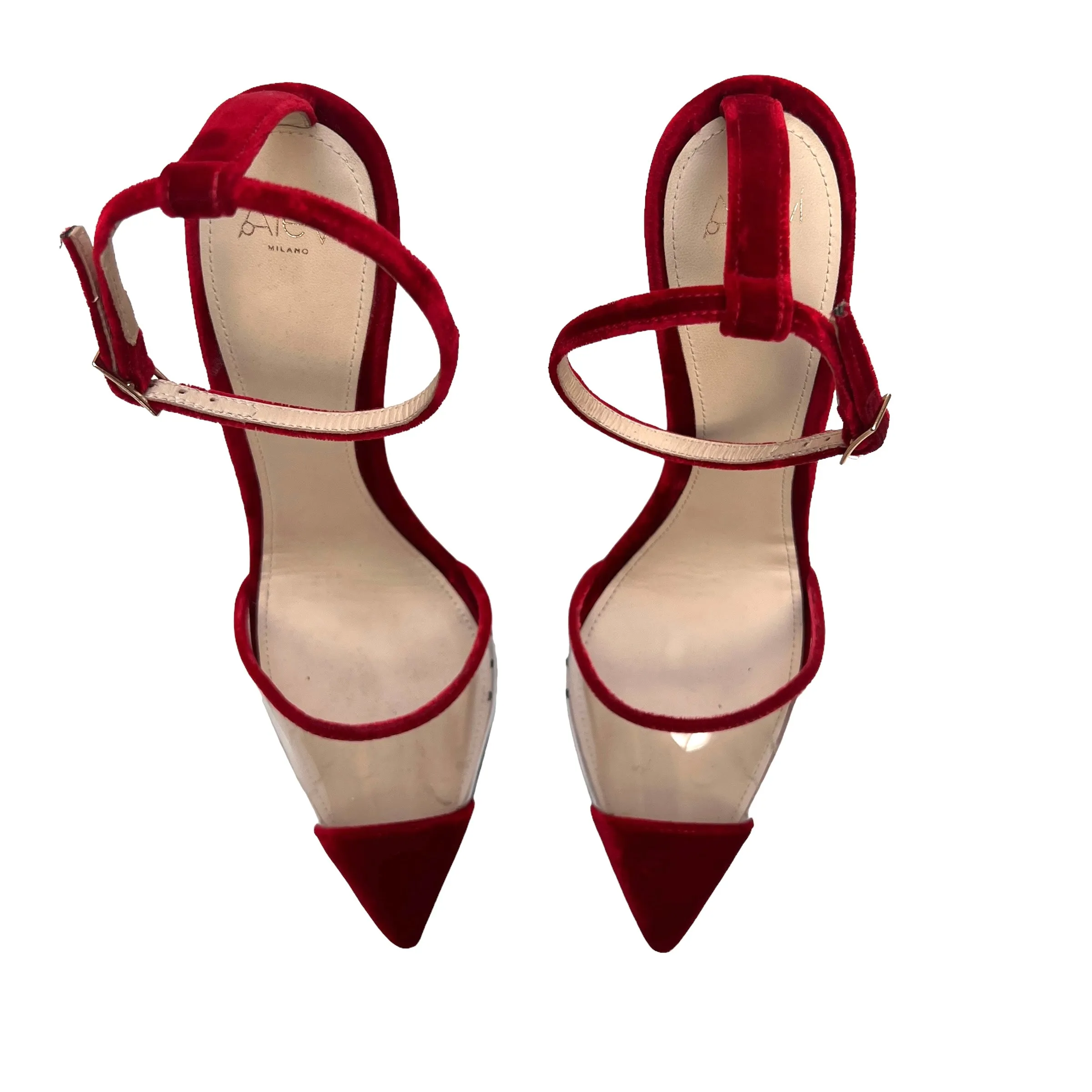 Red Velvet & Plexiglass Heels - 8