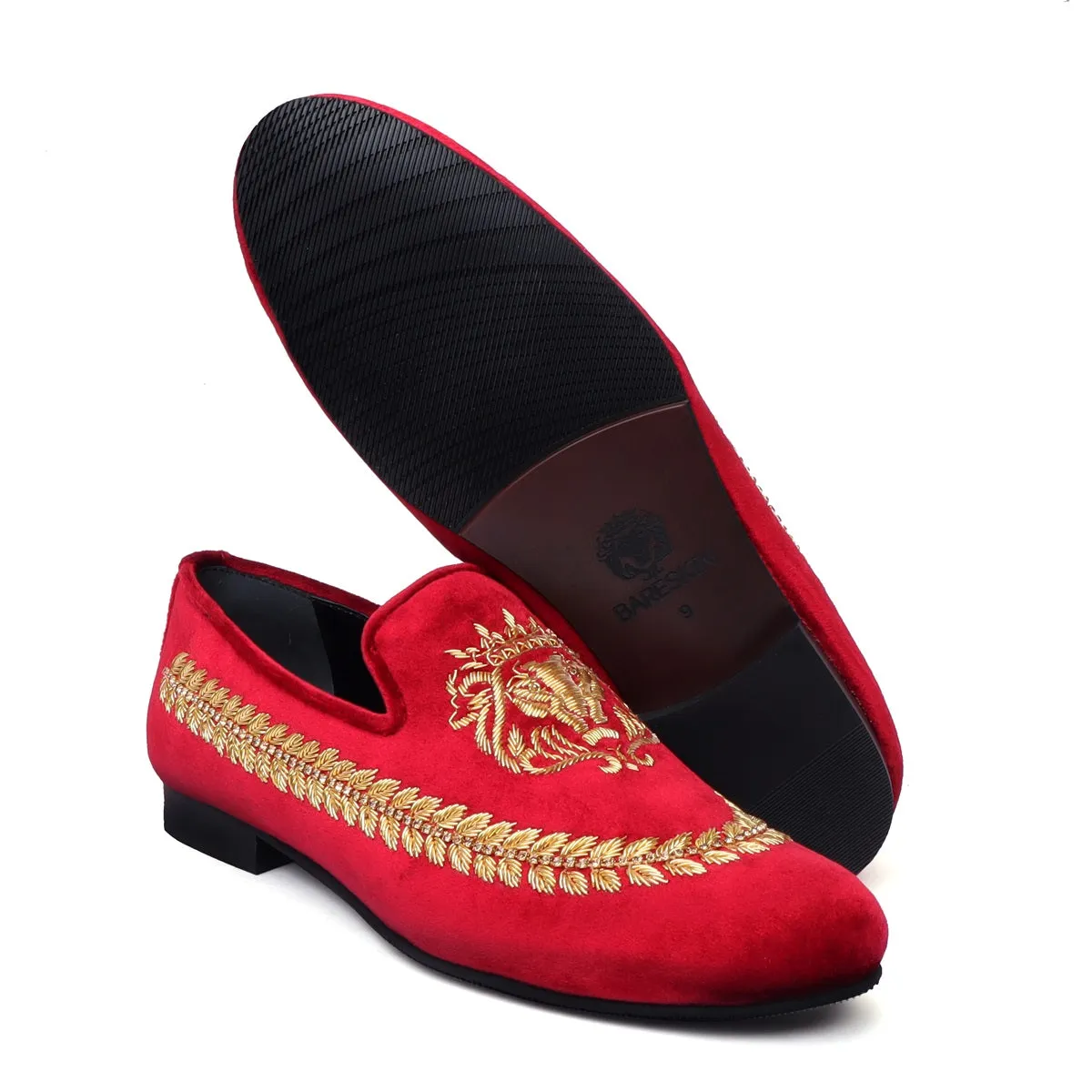 Red Velvet Slip-on Shoes with Golden Hand Zardosi Stem Design By Brune & Bareskin