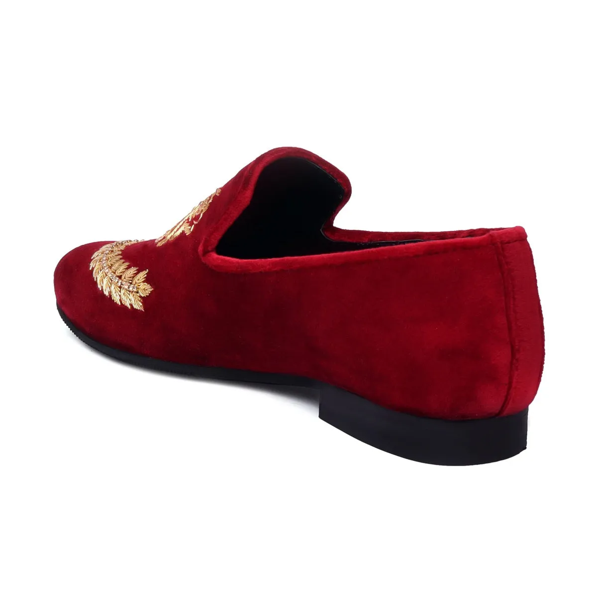 Red Velvet Slip-on Shoes with Golden Hand Zardosi Stem Design By Brune & Bareskin