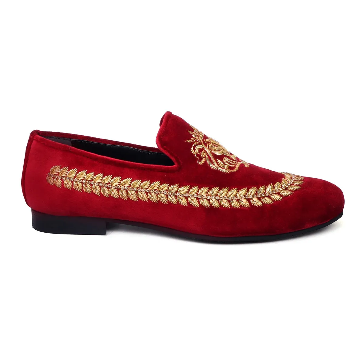 Red Velvet Slip-on Shoes with Golden Hand Zardosi Stem Design By Brune & Bareskin