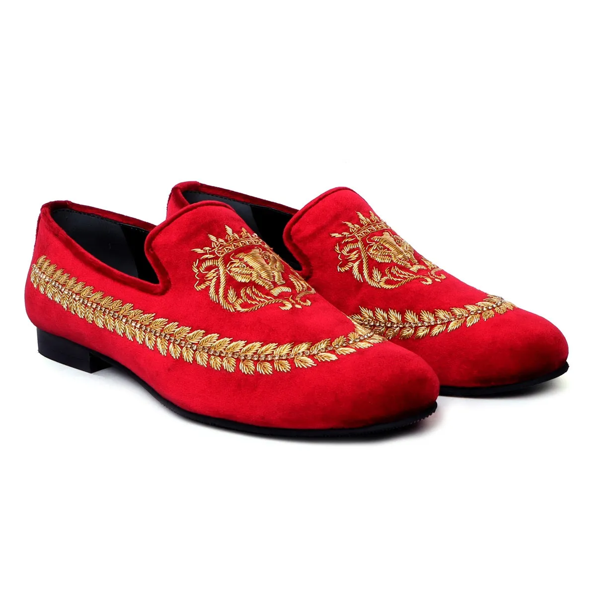 Red Velvet Slip-on Shoes with Golden Hand Zardosi Stem Design By Brune & Bareskin