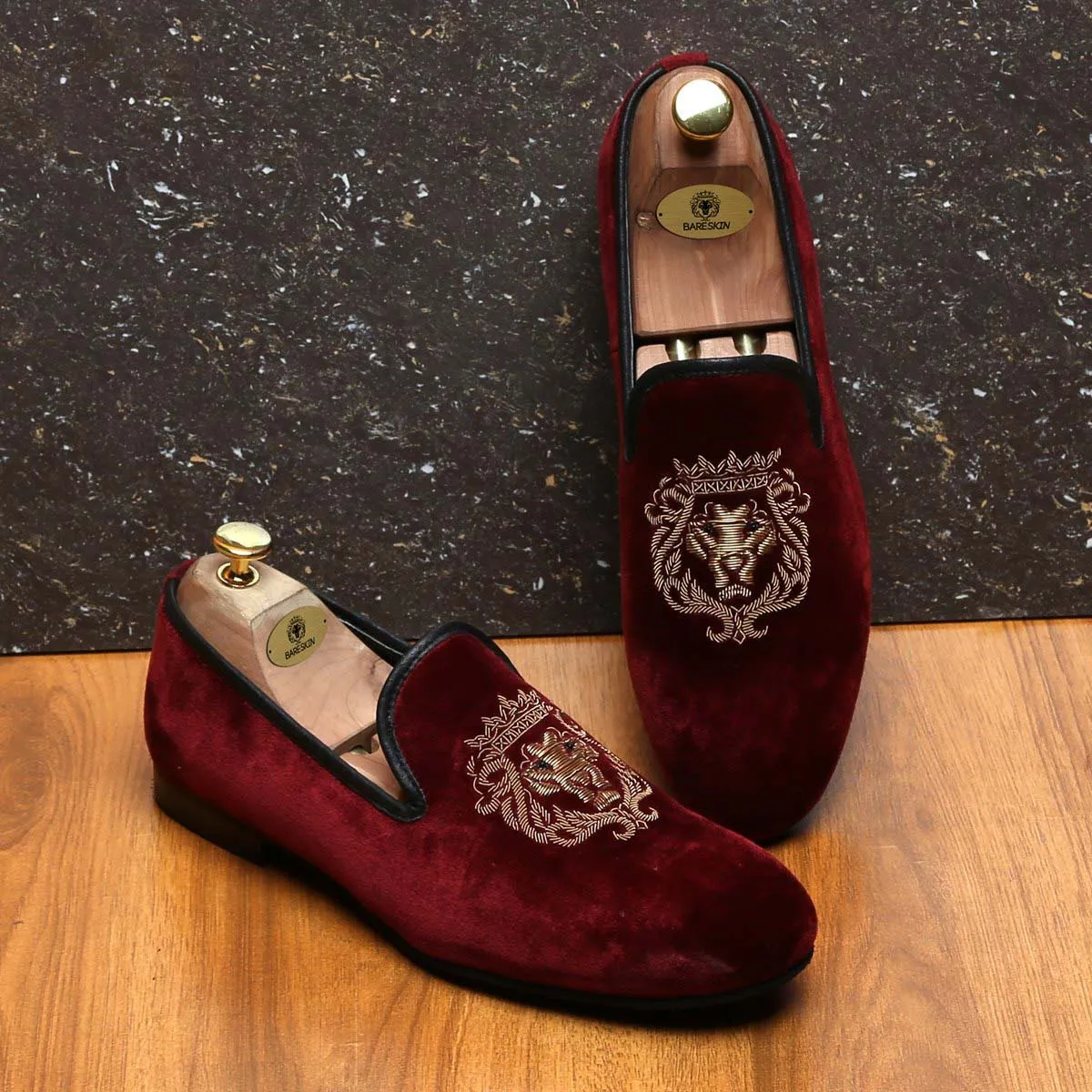 Red Velvet Slip-On with Golden Lion Zardosi by Brune & Bareskin