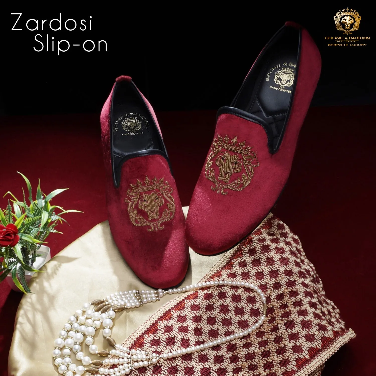 Red Velvet Slip-On with Golden Lion Zardosi by Brune & Bareskin