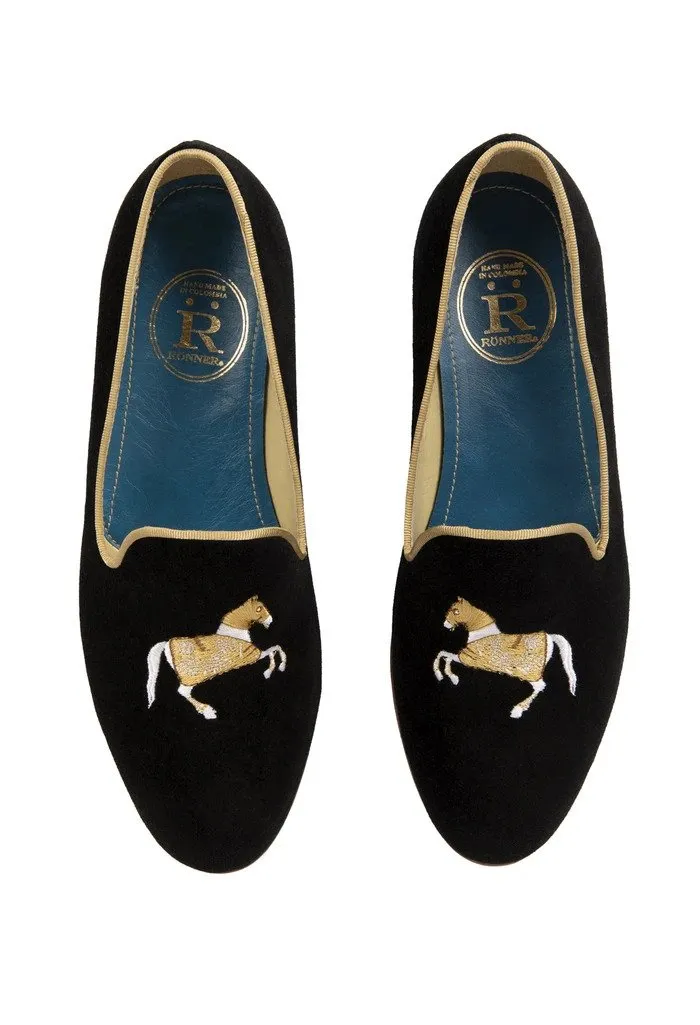 Rönner Mimosa Horse Black & Gold Velvet Loafer